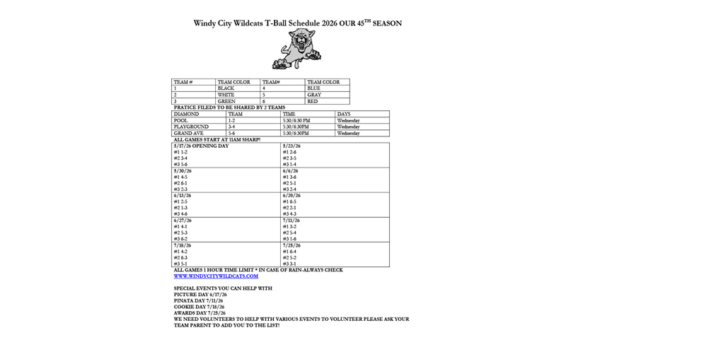  2026 Tball Schedule