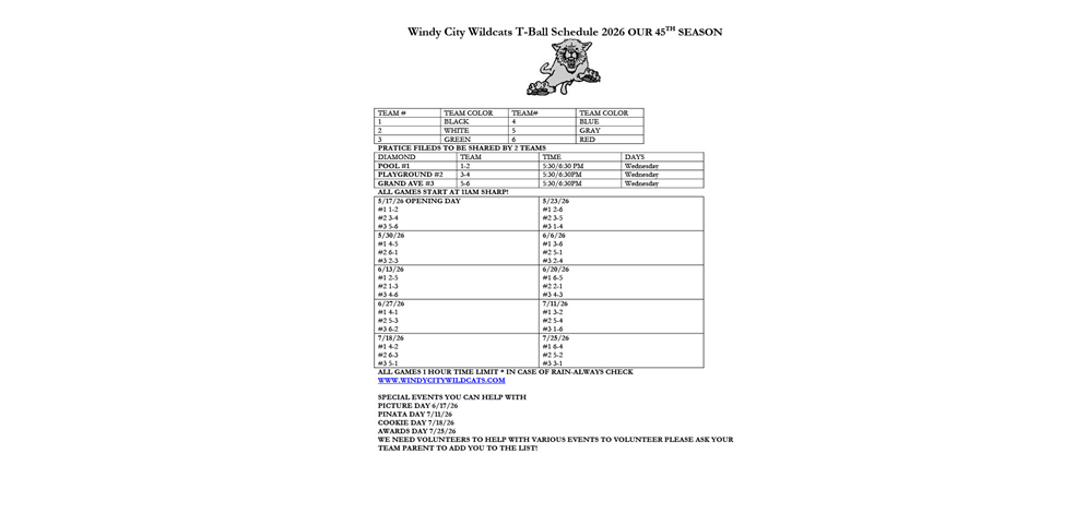  2026 Tball Schedule